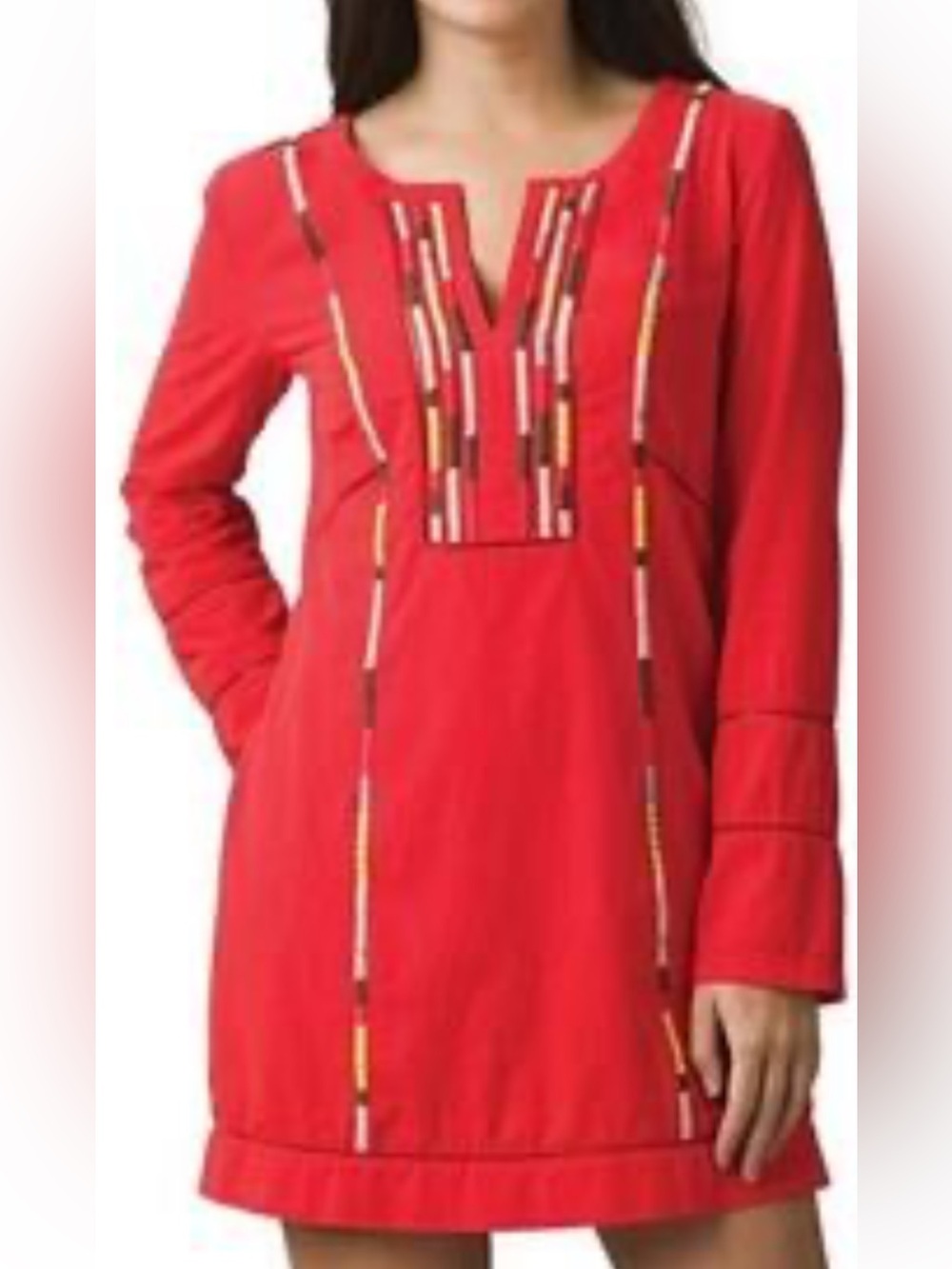 Prana Red Mini Dress with Multicolor Embroidered Trim Sz S-100% Organic Cotton